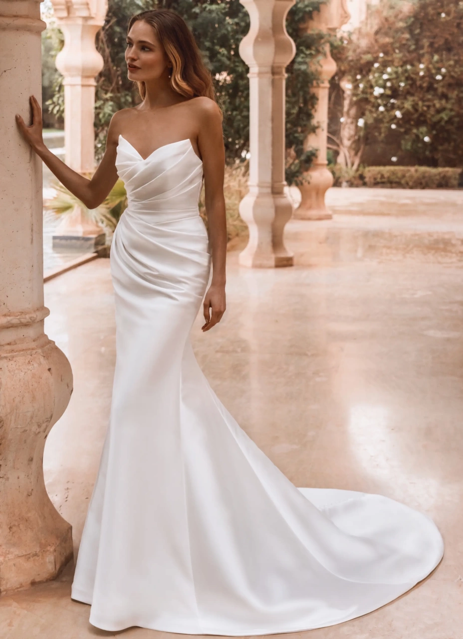 Abito da sposa semplice a sirena in mikado con drappggio sul bustino e sul fianco, scollo a cuore, strascico staccabile particolare con drappeggio che crea una voluminosa rosa 3D
