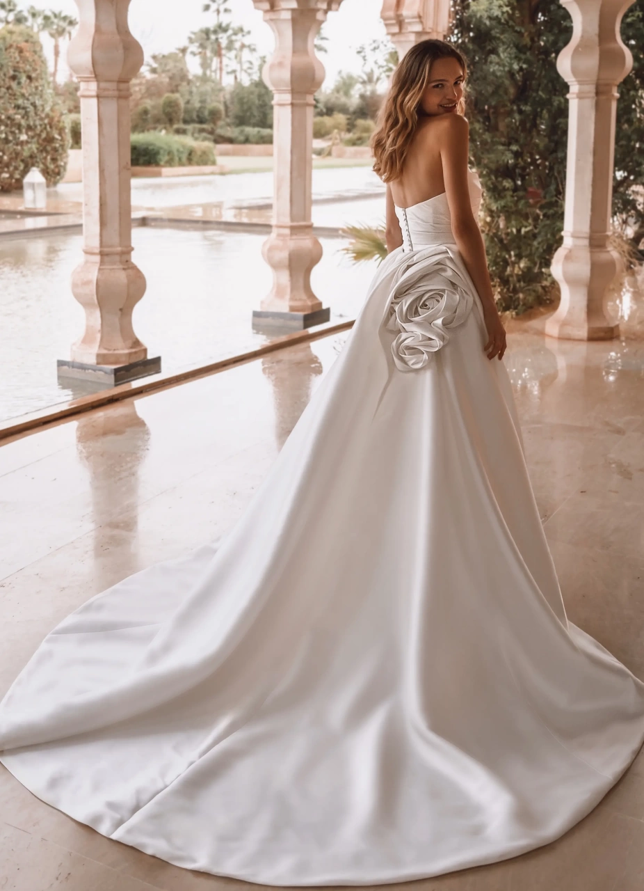 Abito da sposa semplice a sirena in mikado con drappggio sul bustino e sul fianco, scollo a cuore, strascico staccabile particolare con drappeggio che crea una voluminosa rosa 3D