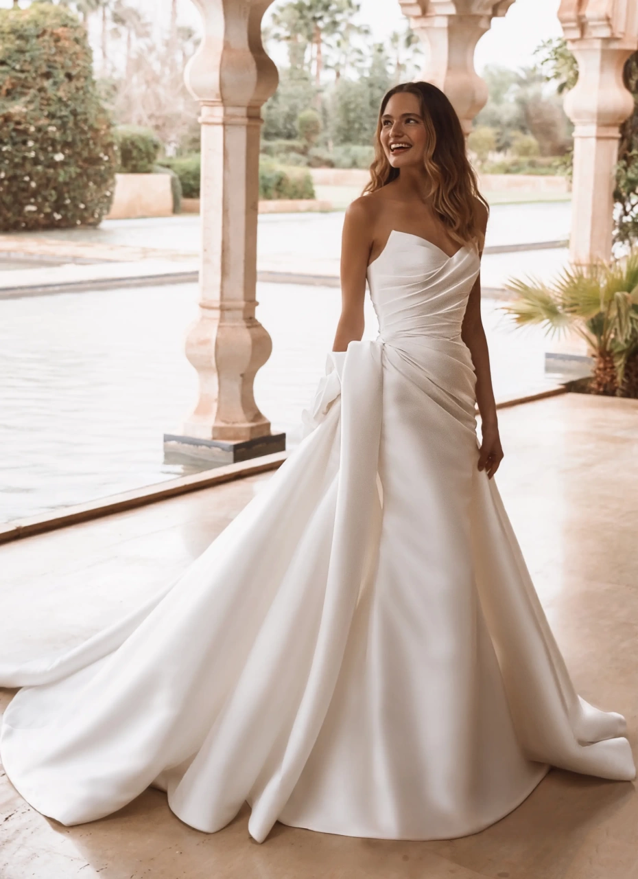 Abito da sposa semplice a sirena in mikado con drappggio sul bustino e sul fianco, scollo a cuore, strascico staccabile particolare con drappeggio che crea una voluminosa rosa 3D