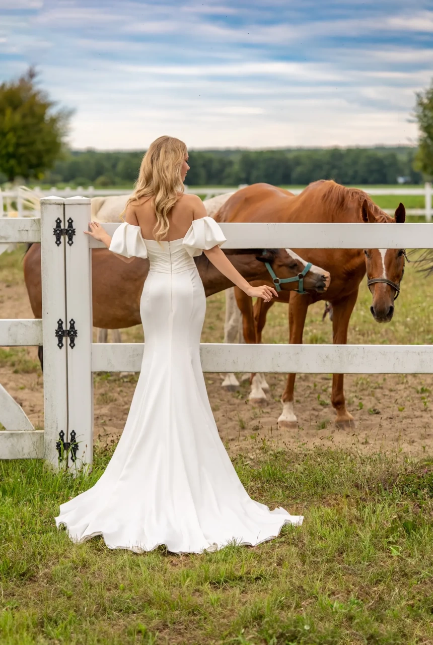 Vestito da sposa semplice a sirena con maniche corte staccabili a palloncino, scollo a cuore, corpino drappeggiato e spacco a portafoglio