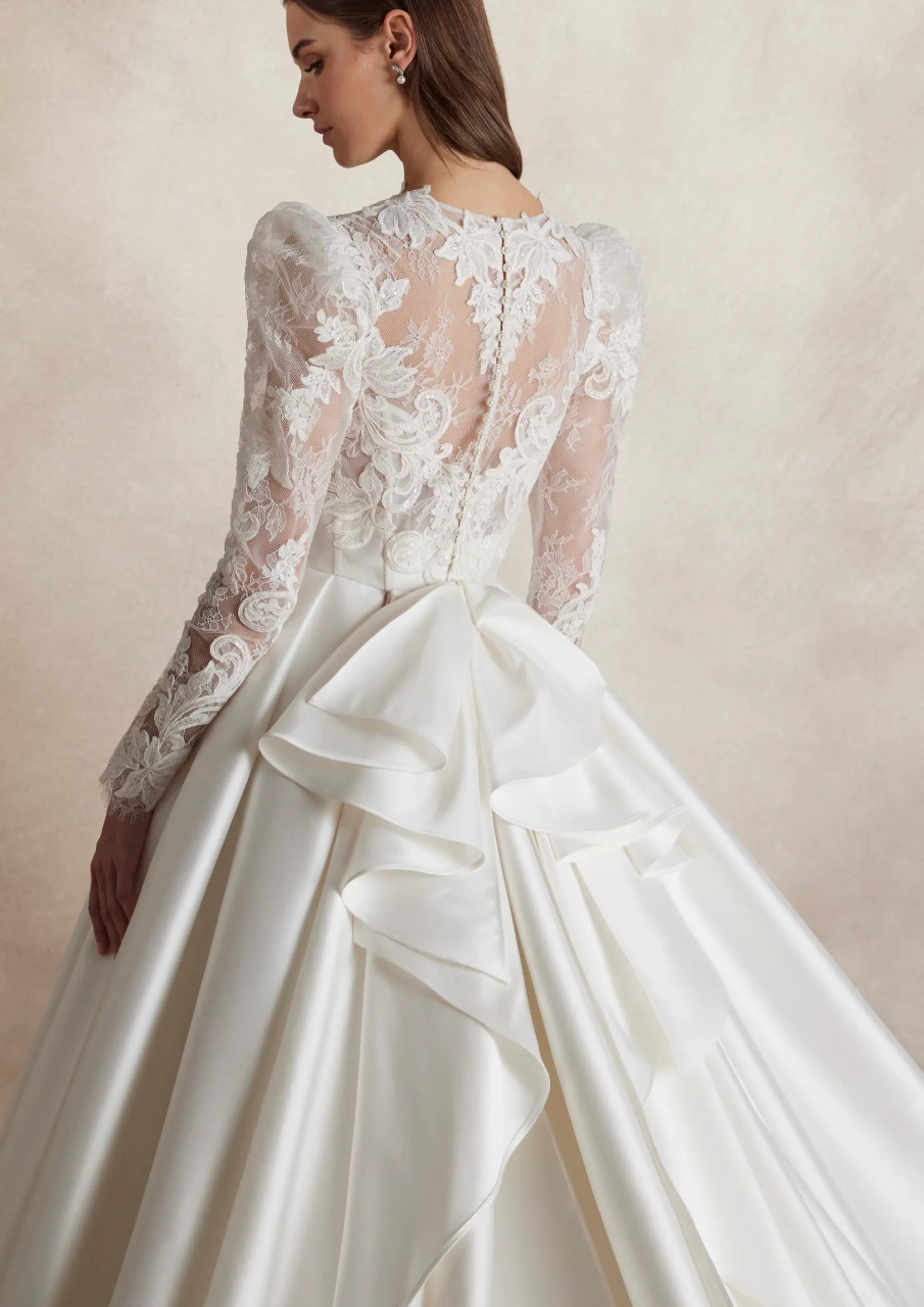 Abito da sposa particolare con maniche lunghe a sbuffo in pizzo effetto tattoo, scollo rotondo, gonna ampia A-line drappeggiata in mikado con fiocco drappeggiato sulla schiena e strascico lungo