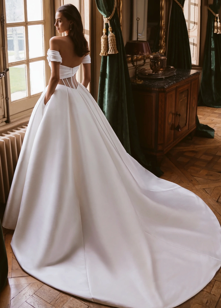 Abito da sposa lussuoso con silhouette da principessa A-line, corsetto steccato effetto nude, scollo drappeggiato, gonna ampia drappeggiata in mikado, maniche off-shoulder con fiori 3D
