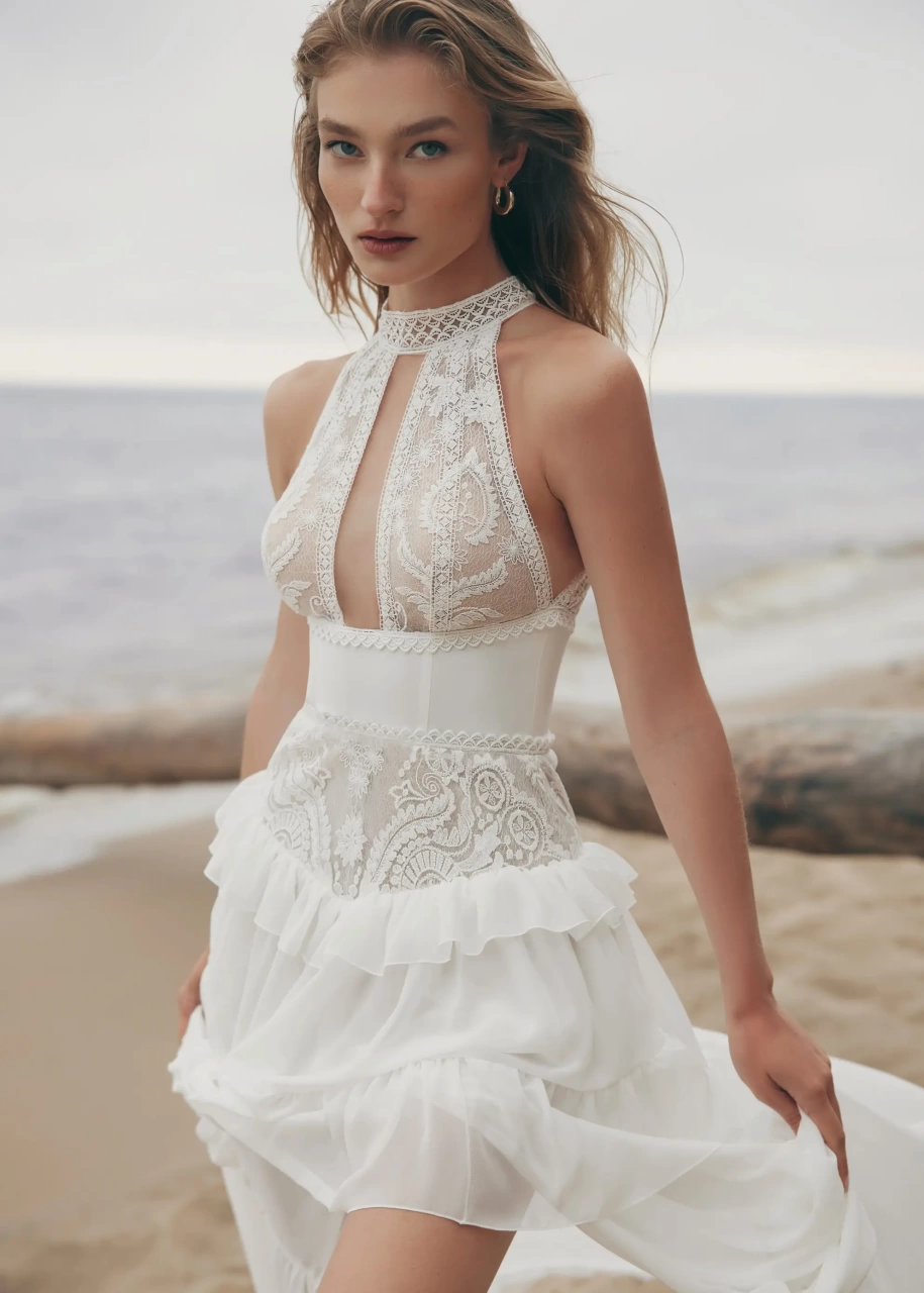 Abito da sposa boho romantico in pizzo effetto tatto con scollo all'americana e collo alto, bustino strutturato in mikado, gonna scivolata in tulle con pizzola balza sui fianchi