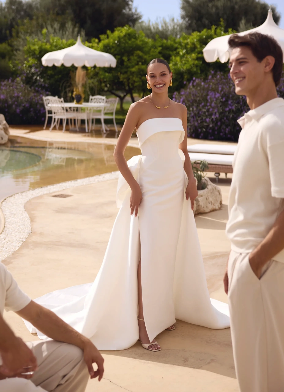 Abito da sposa semplice aderente con scollo dritto senza spalline, spacco laterale, voluminoso fiocco staccabile sul retro