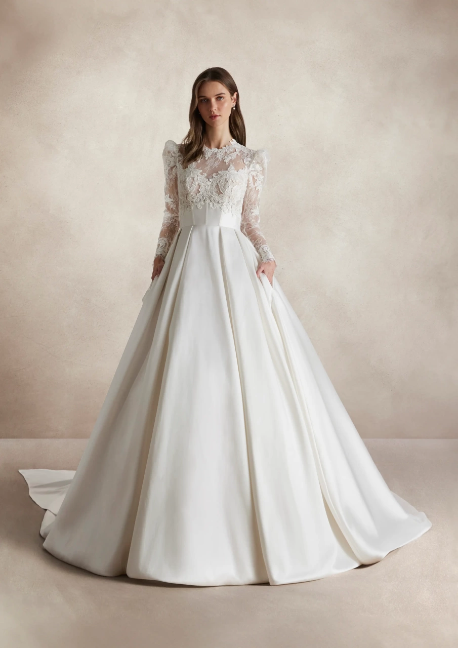 Abito da sposa particolare con maniche lunghe a sbuffo in pizzo effetto tattoo, scollo rotondo, gonna ampia A-line drappeggiata in mikado con fiocco drappeggiato sulla schiena e strascico lungo