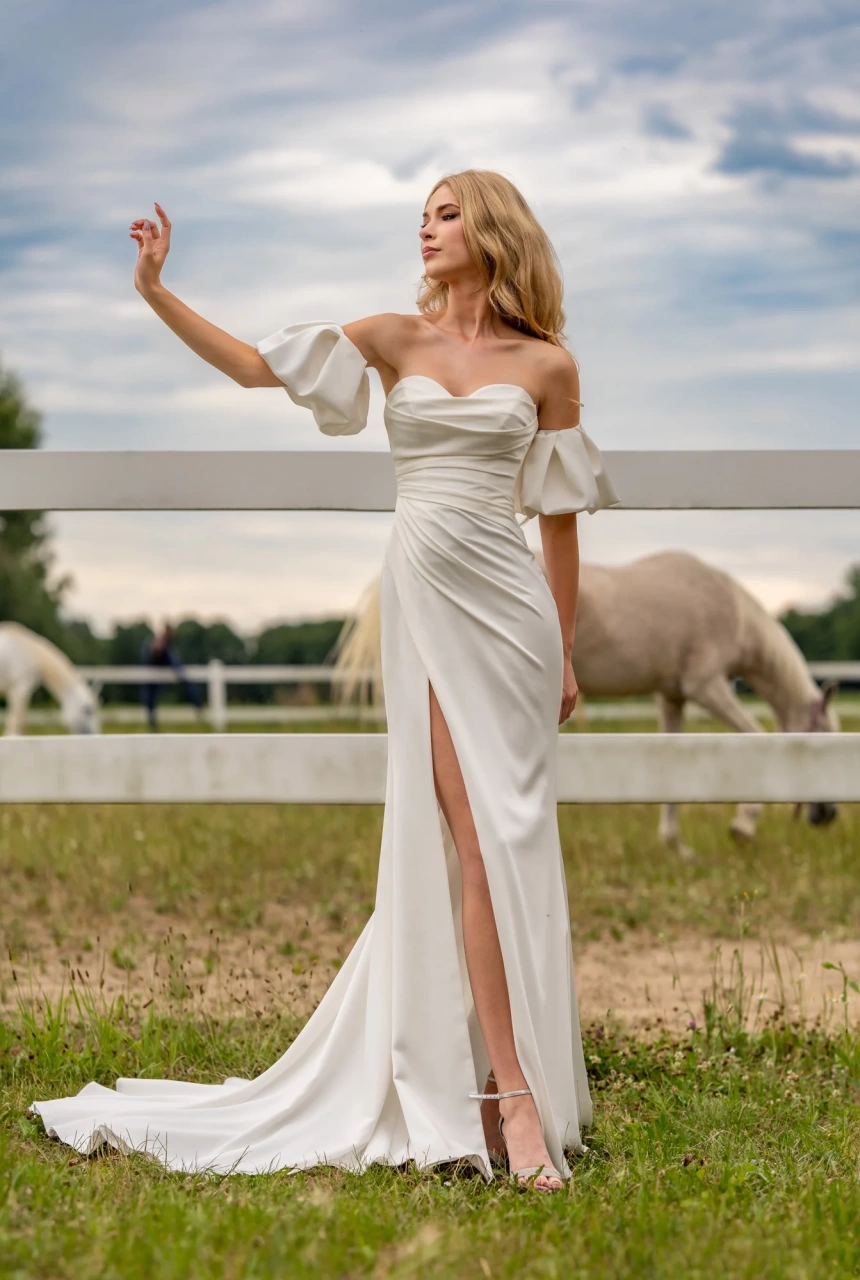 Vestito da sposa semplice a sirena con maniche corte staccabili a palloncino, scollo a cuore, corpino drappeggiato e spacco a portafoglio