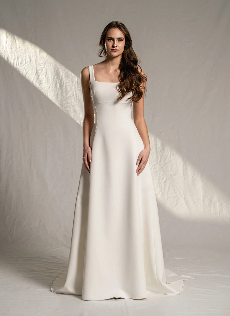 Vestito da sposa semplice scivolato con scollo quadrato, senza maniche, gonna morbida in chiffon, schiena scoperta con fiocco